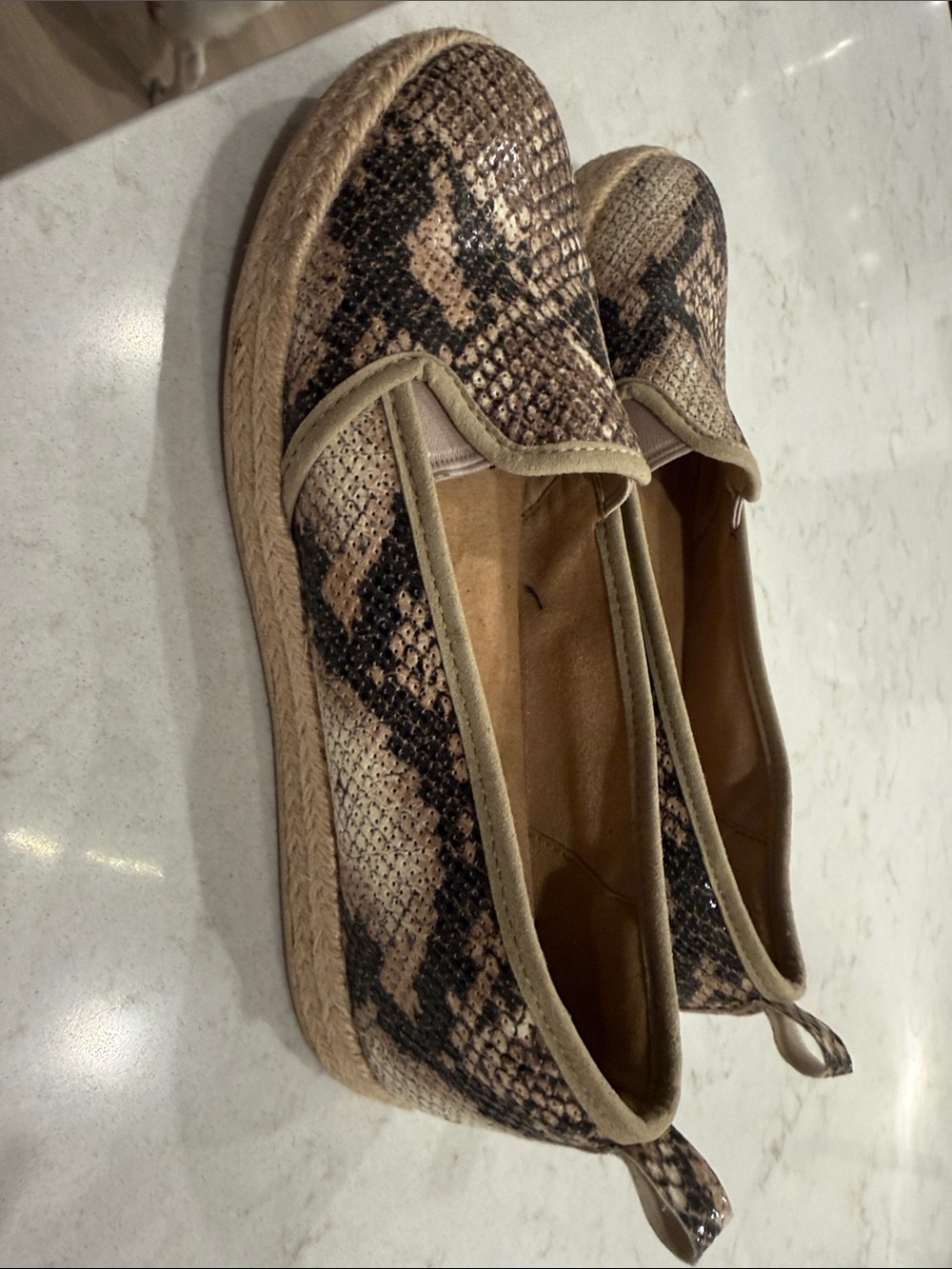 Clarks Snake-Print Espadrille Slip-Ons in Beige and Brown